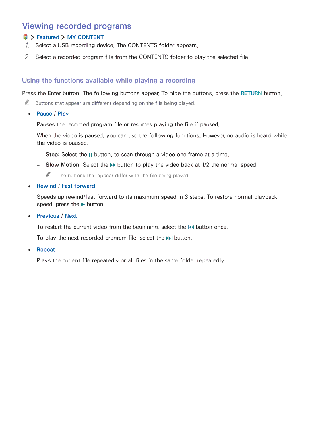 Samsung UA65JS8000KXSQ manual Viewing recorded programs, Using the functions available while playing a recording 