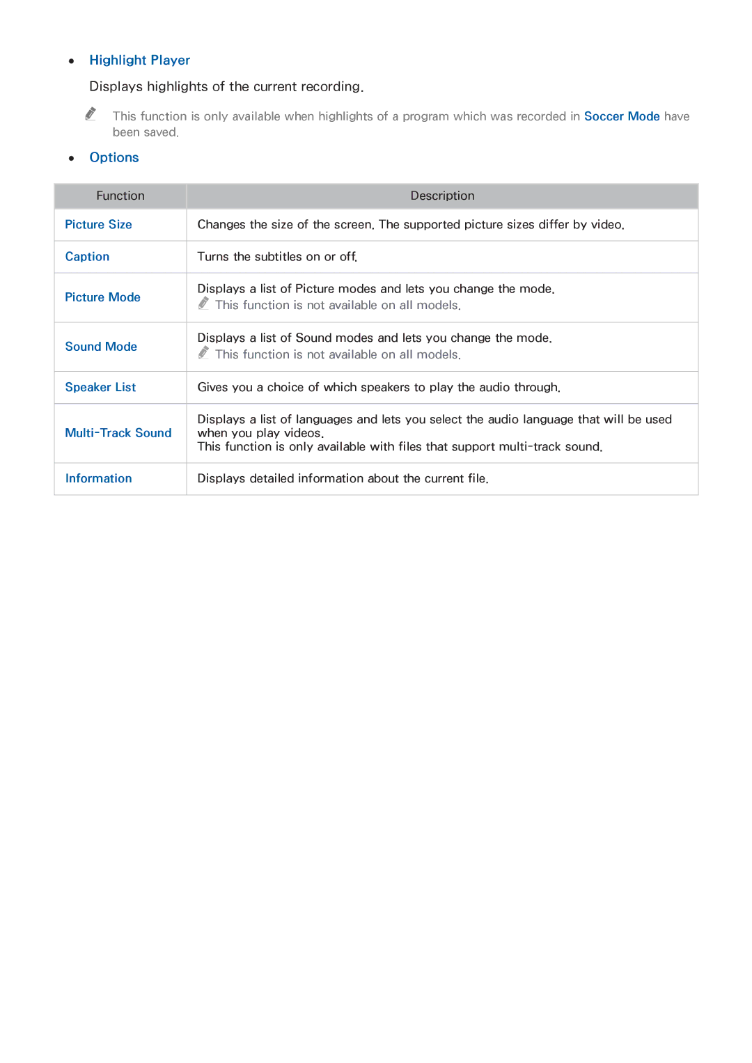 Samsung UA65JS8000KXSQ manual Highlight Player, Displays highlights of the current recording, Caption, Multi-Track Sound 