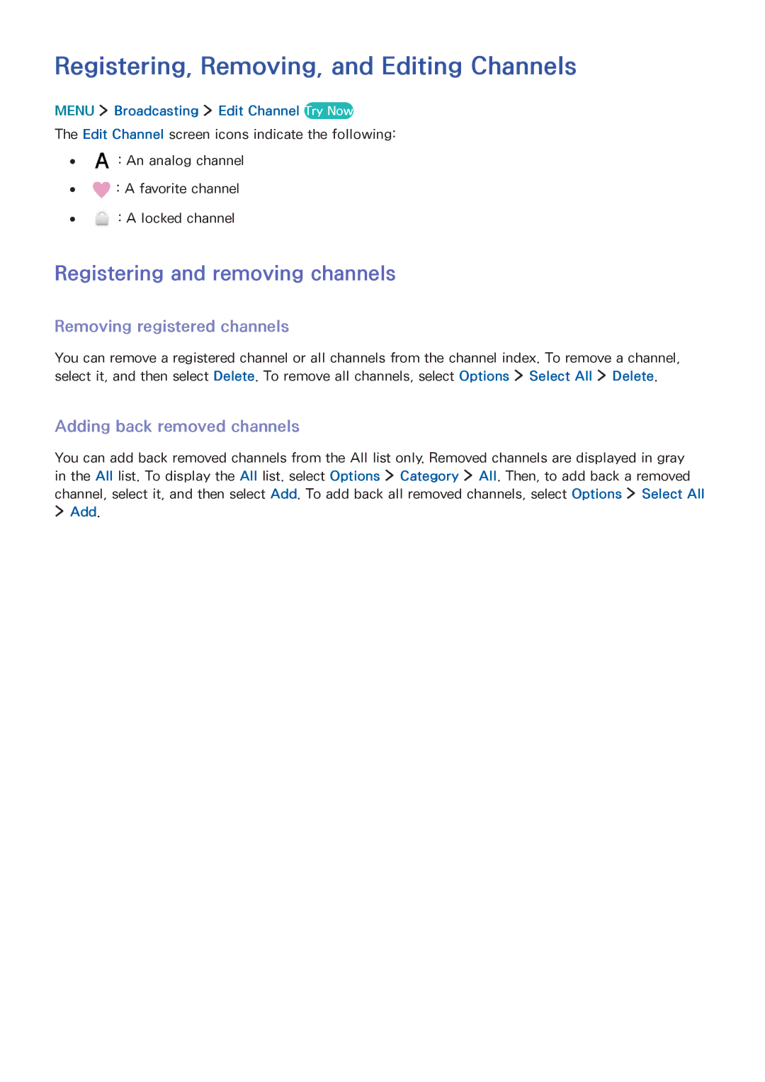 Samsung UA65JS8000KXSQ manual Registering, Removing, and Editing Channels, Registering and removing channels 