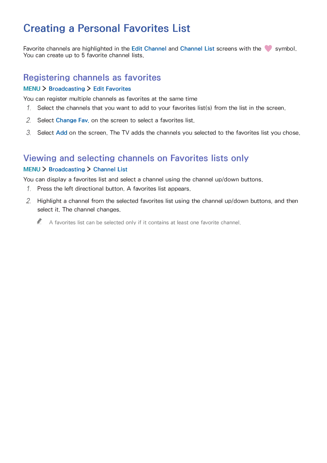 Samsung UA65JS8000KXSQ manual Creating a Personal Favorites List, Registering channels as favorites 