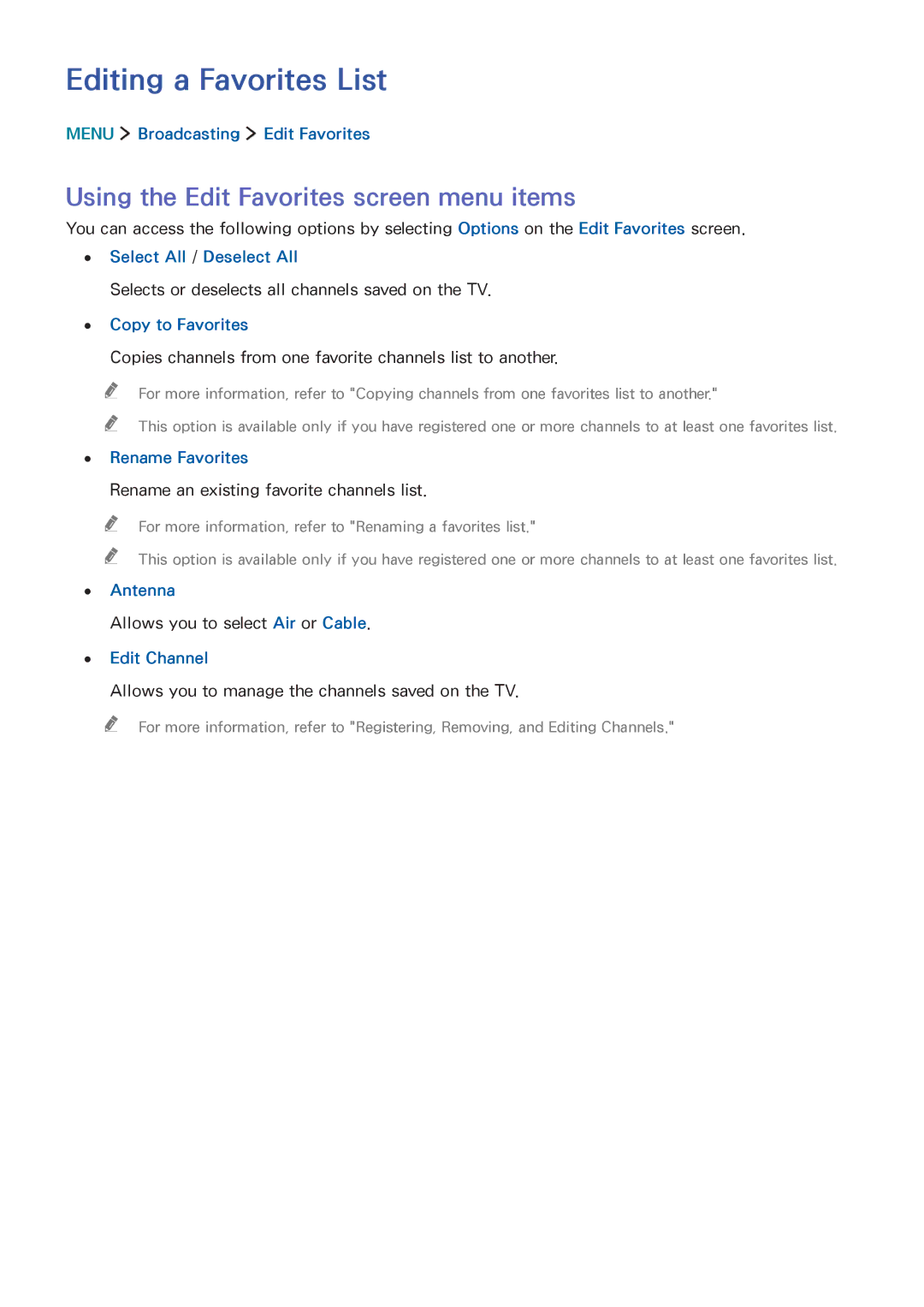 Samsung UA65JS8000KXSQ manual Editing a Favorites List, Using the Edit Favorites screen menu items, Copy to Favorites 