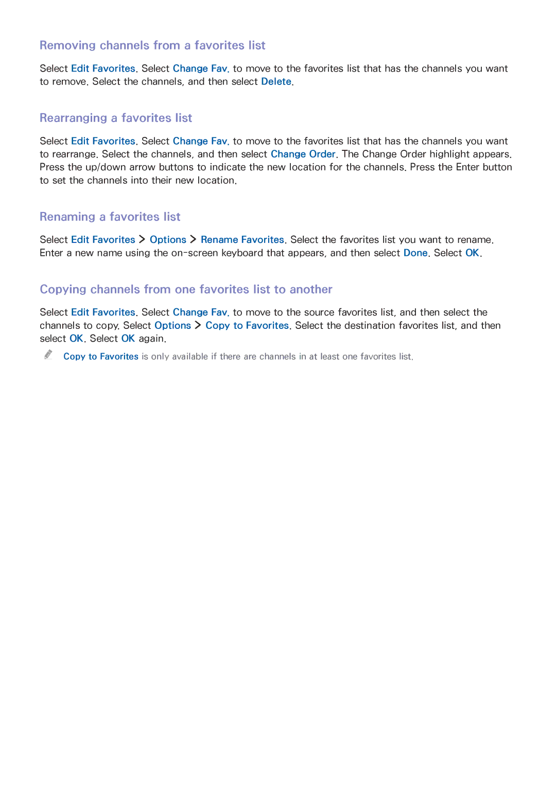 Samsung UA65JS8000KXSQ Removing channels from a favorites list, Rearranging a favorites list, Renaming a favorites list 