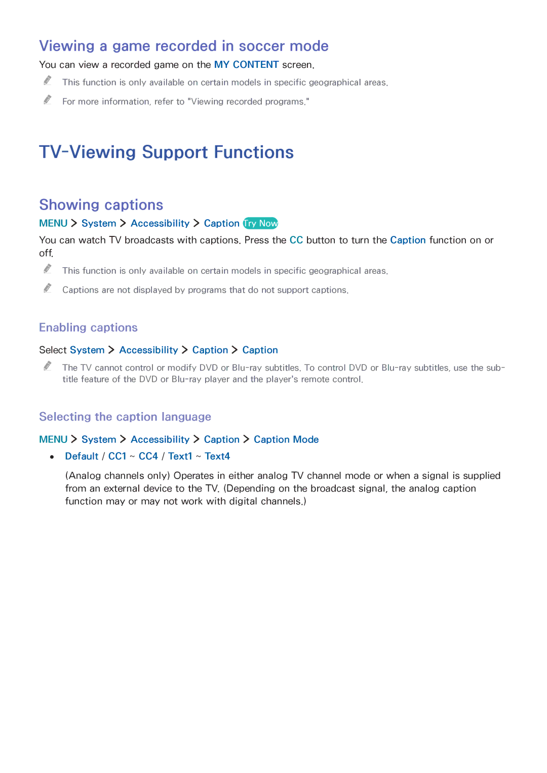 Samsung UA65JS8000KXSQ manual TV-Viewing Support Functions, Viewing a game recorded in soccer mode, Showing captions 