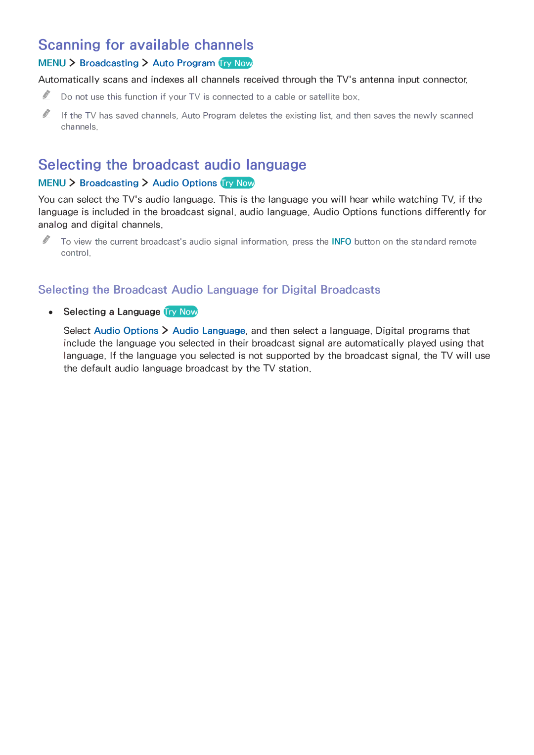 Samsung UA65JS8000KXSQ manual Scanning for available channels, Selecting the broadcast audio language 