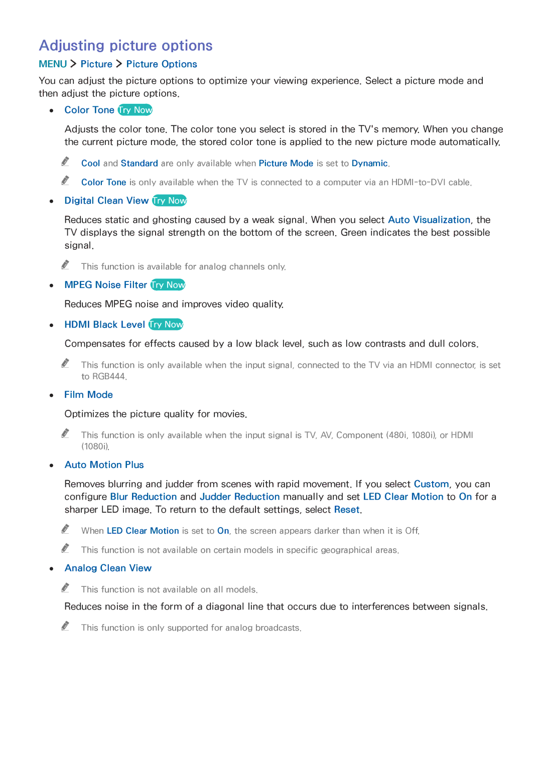 Samsung UA65JS8000KXSQ manual Adjusting picture options 