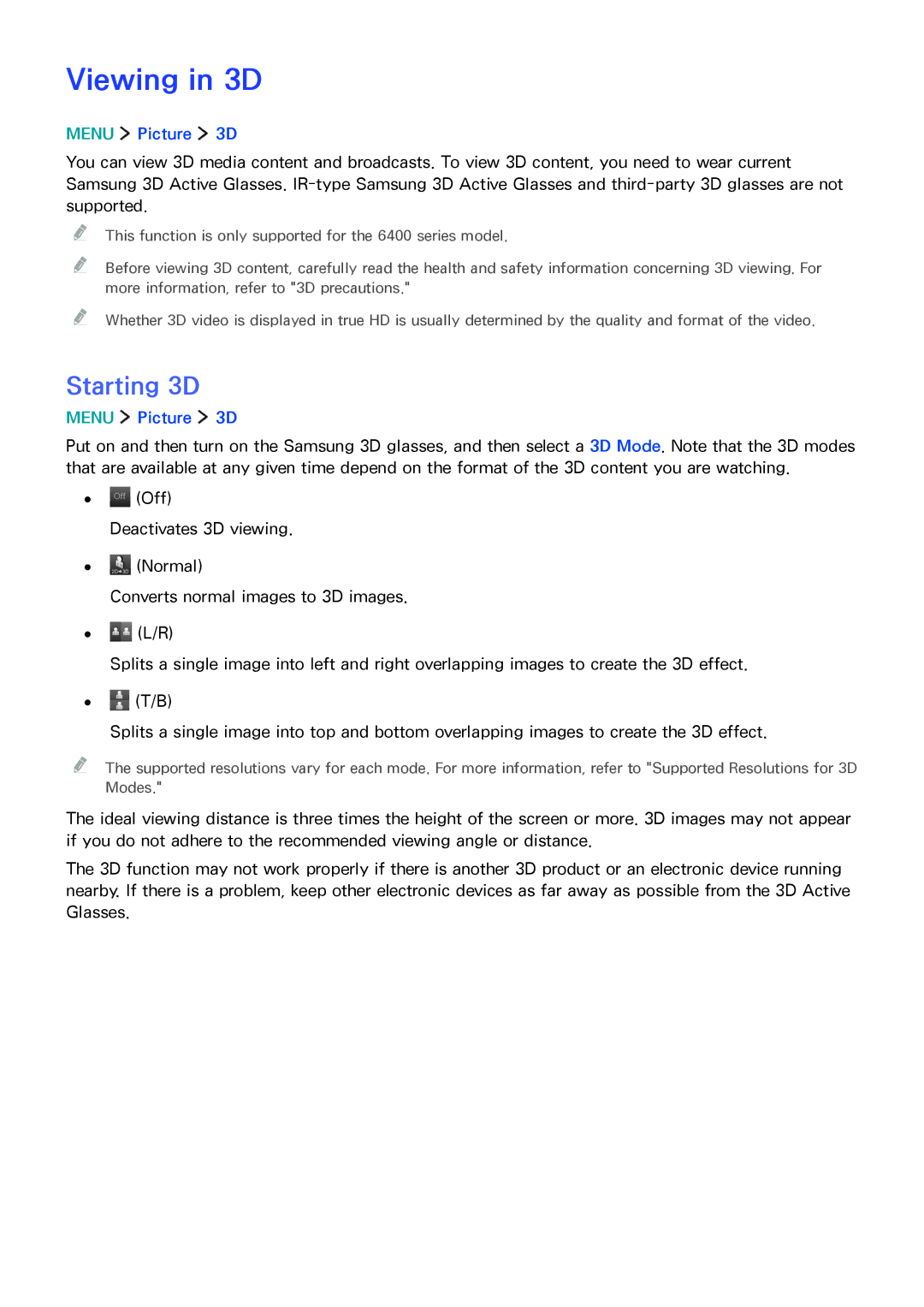 Samsung UA65JS8000KXSQ manual Viewing in 3D, Starting 3D, Menu Picture 3D 