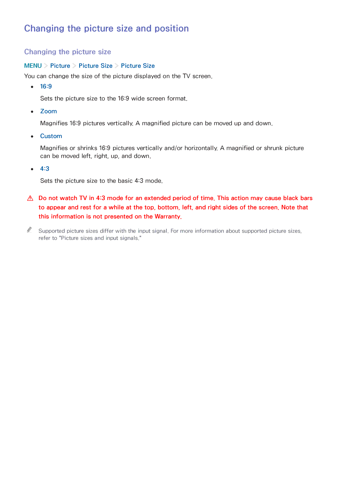 Samsung UA65JS8000KXSQ manual Changing the picture size and position, Menu Picture Picture Size Picture Size 