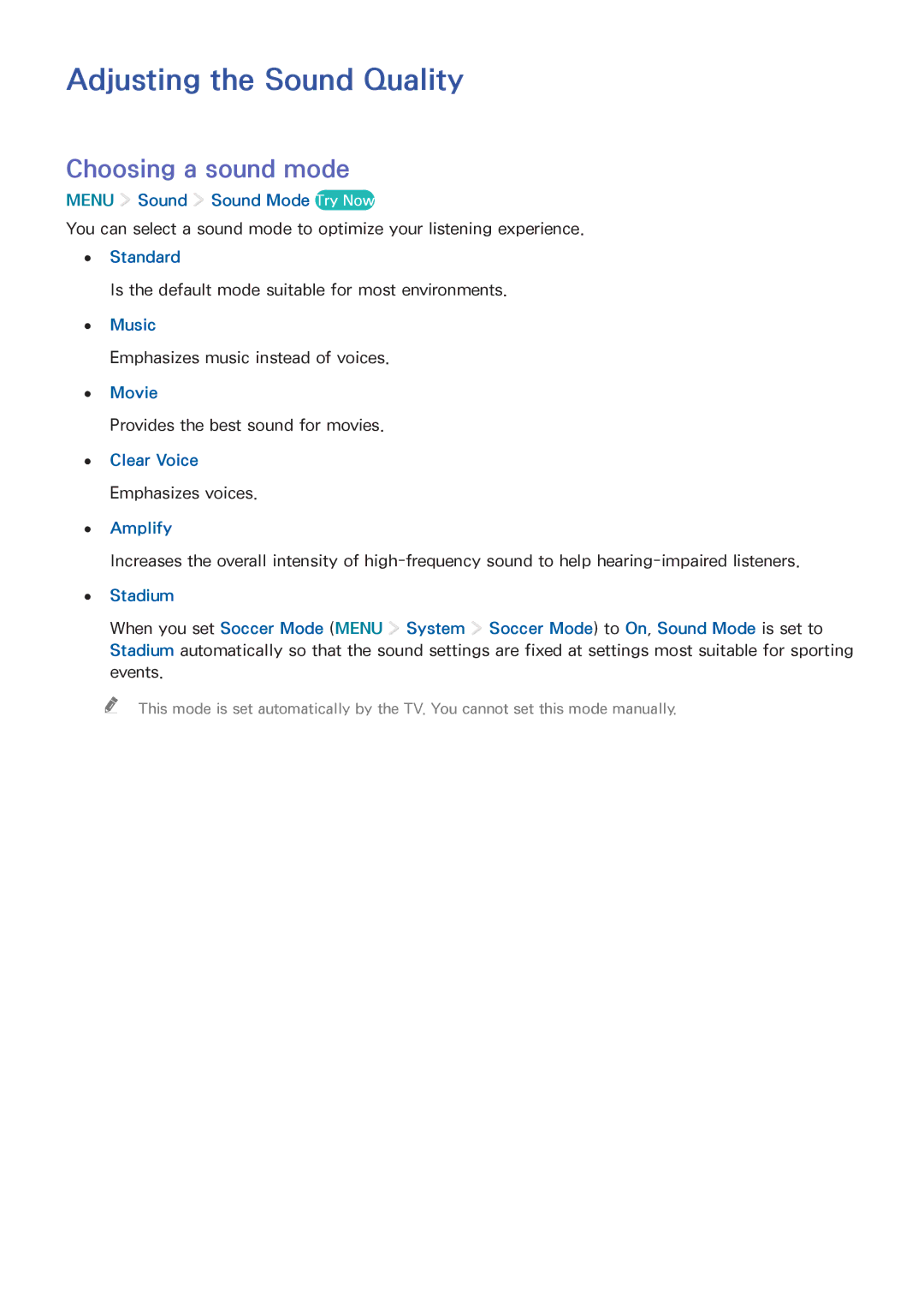 Samsung UA65JS8000KXSQ manual Adjusting the Sound Quality, Choosing a sound mode 