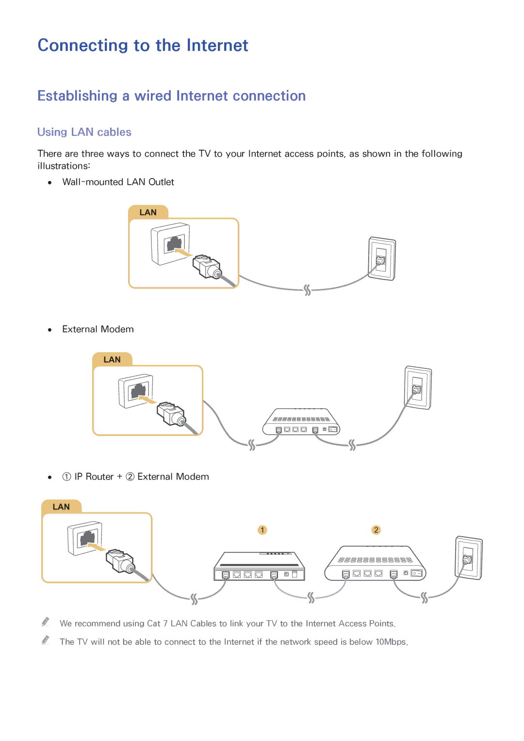 Samsung UA65JS8000KXSQ manual Connecting to the Internet, Establishing a wired Internet connection, Using LAN cables 