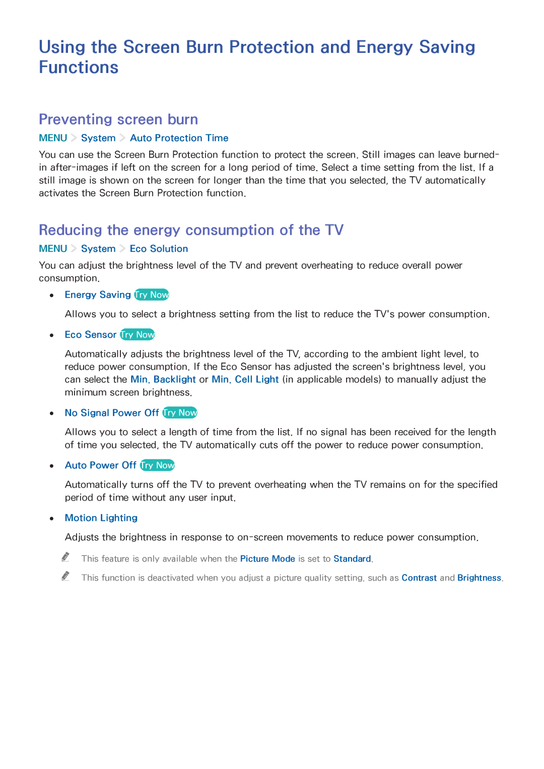 Samsung UA65JS8000KXSQ manual Preventing screen burn, Reducing the energy consumption of the TV 