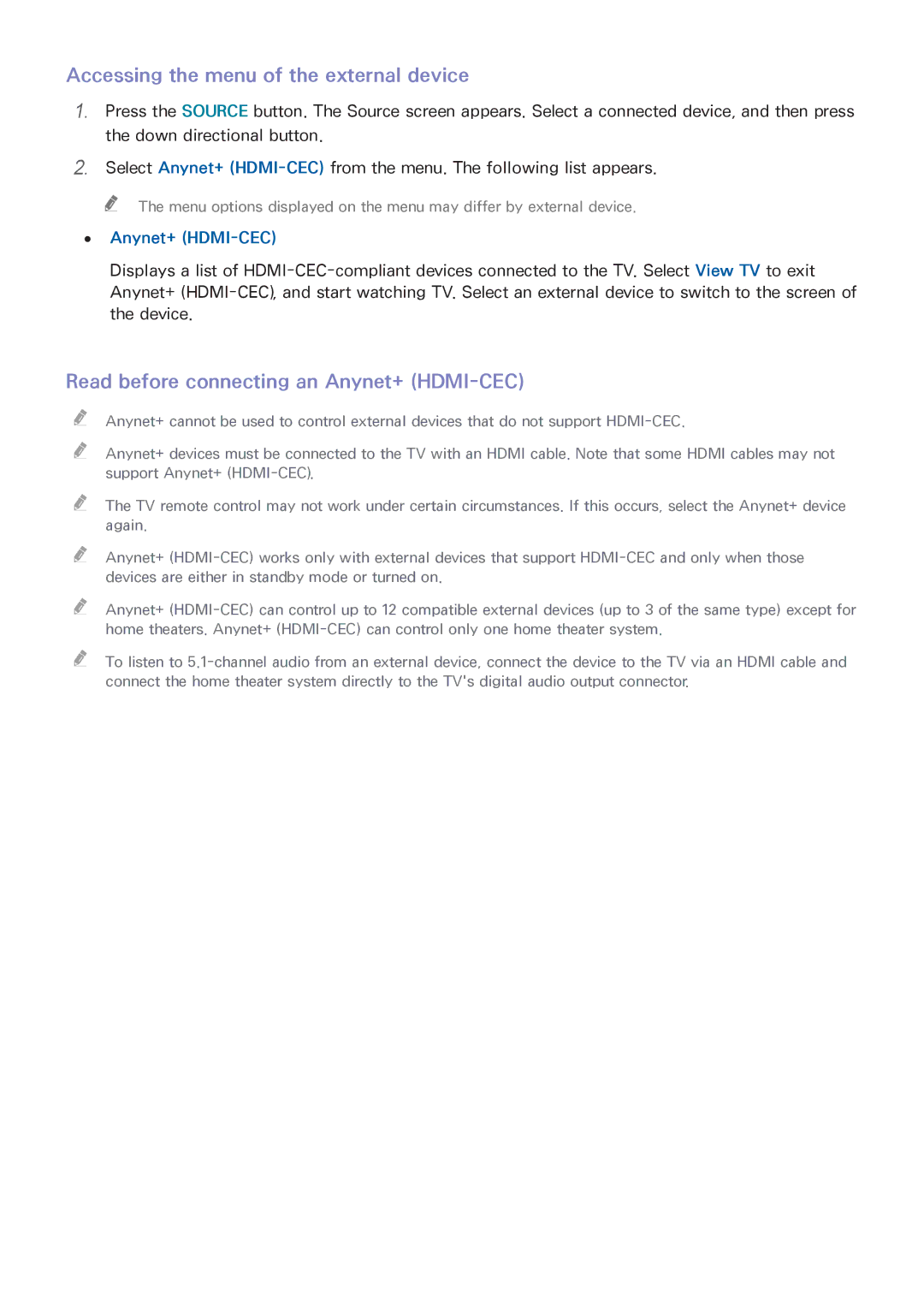 Samsung UA65JS8000KXSQ manual Accessing the menu of the external device, Read before connecting an Anynet+ HDMI-CEC 