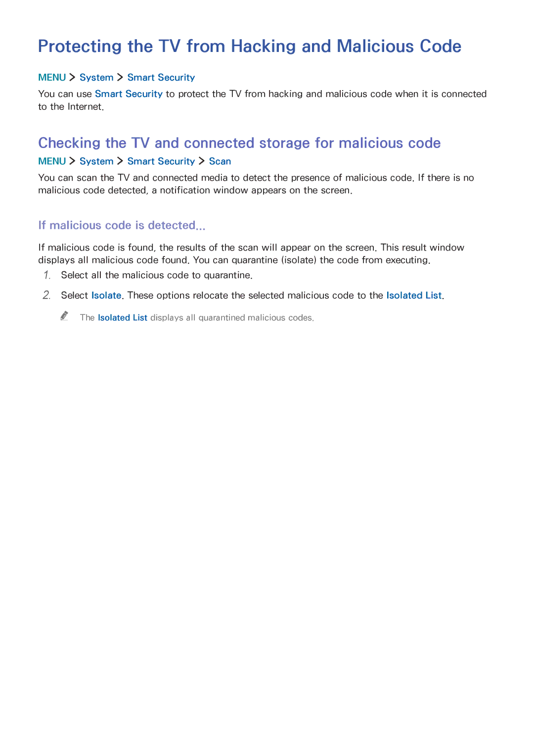 Samsung UA65JS8000KXSQ manual Protecting the TV from Hacking and Malicious Code, If malicious code is detected 