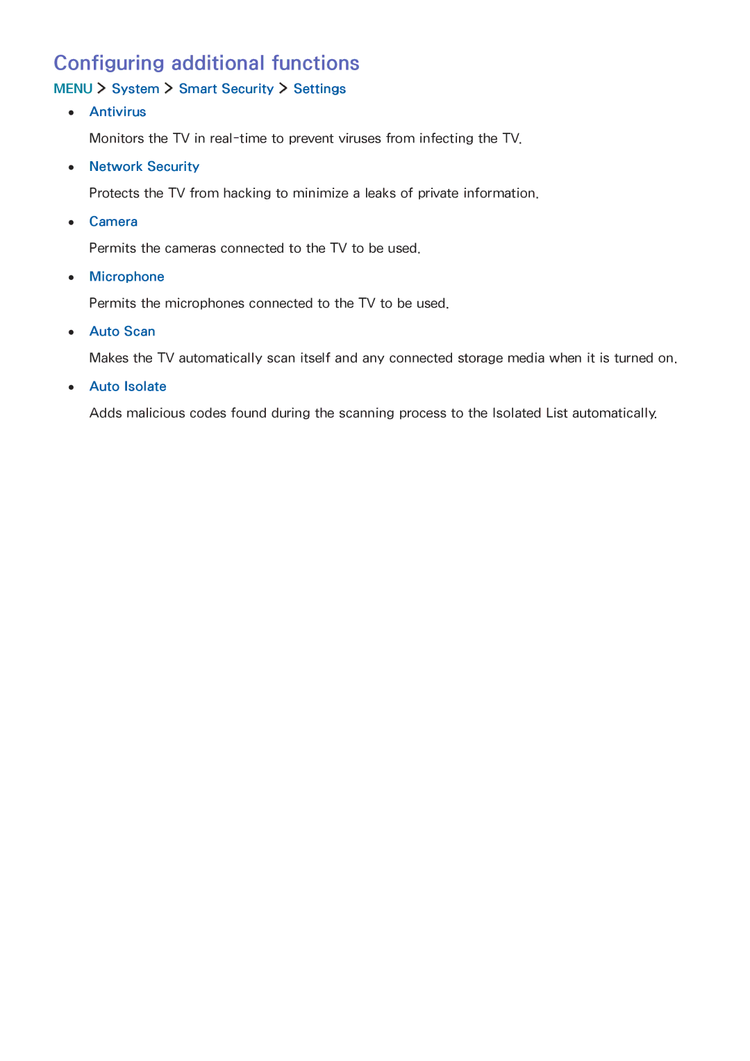 Samsung UA65JS8000KXSQ manual Configuring additional functions, Menu System Smart Security Settings Antivirus 