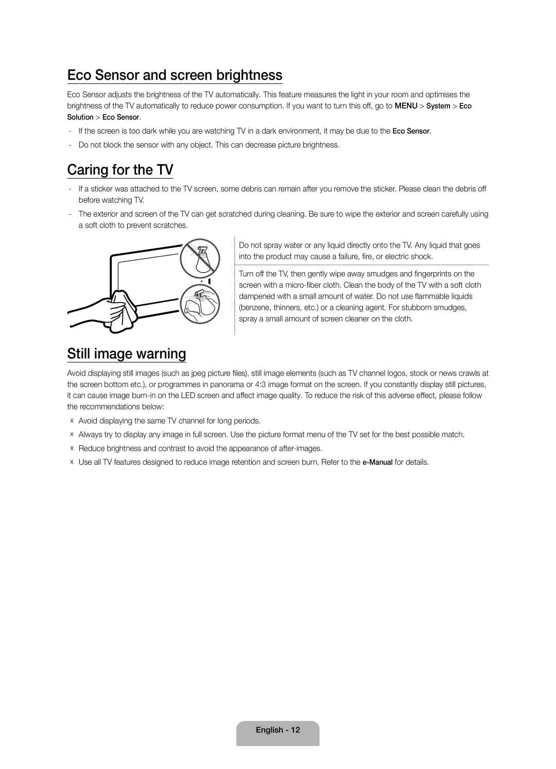 Samsung UA65JS9000KXSK, UA65JS9000KXZN manual Eco Sensor and screen brightness, Caring for the TV, Still image warning 