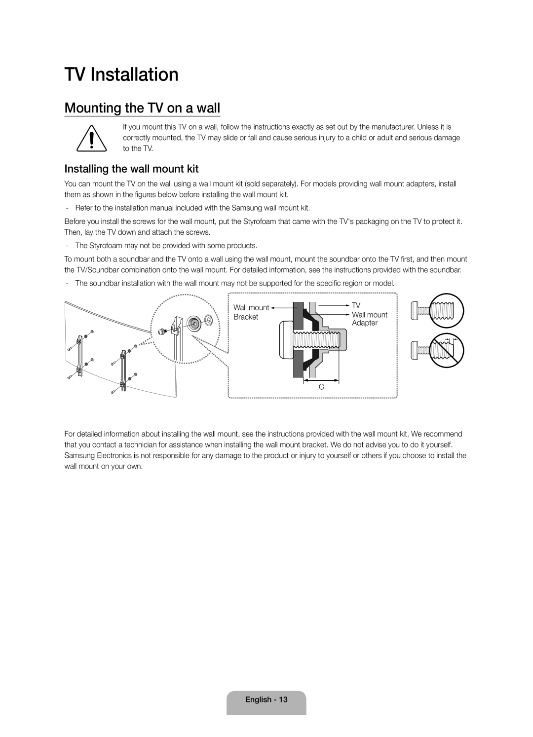 Samsung UA65JS9000KXZN, UA65JS9000KXSK manual TV Installation, Mounting the TV on a wall, Installing the wall mount kit 