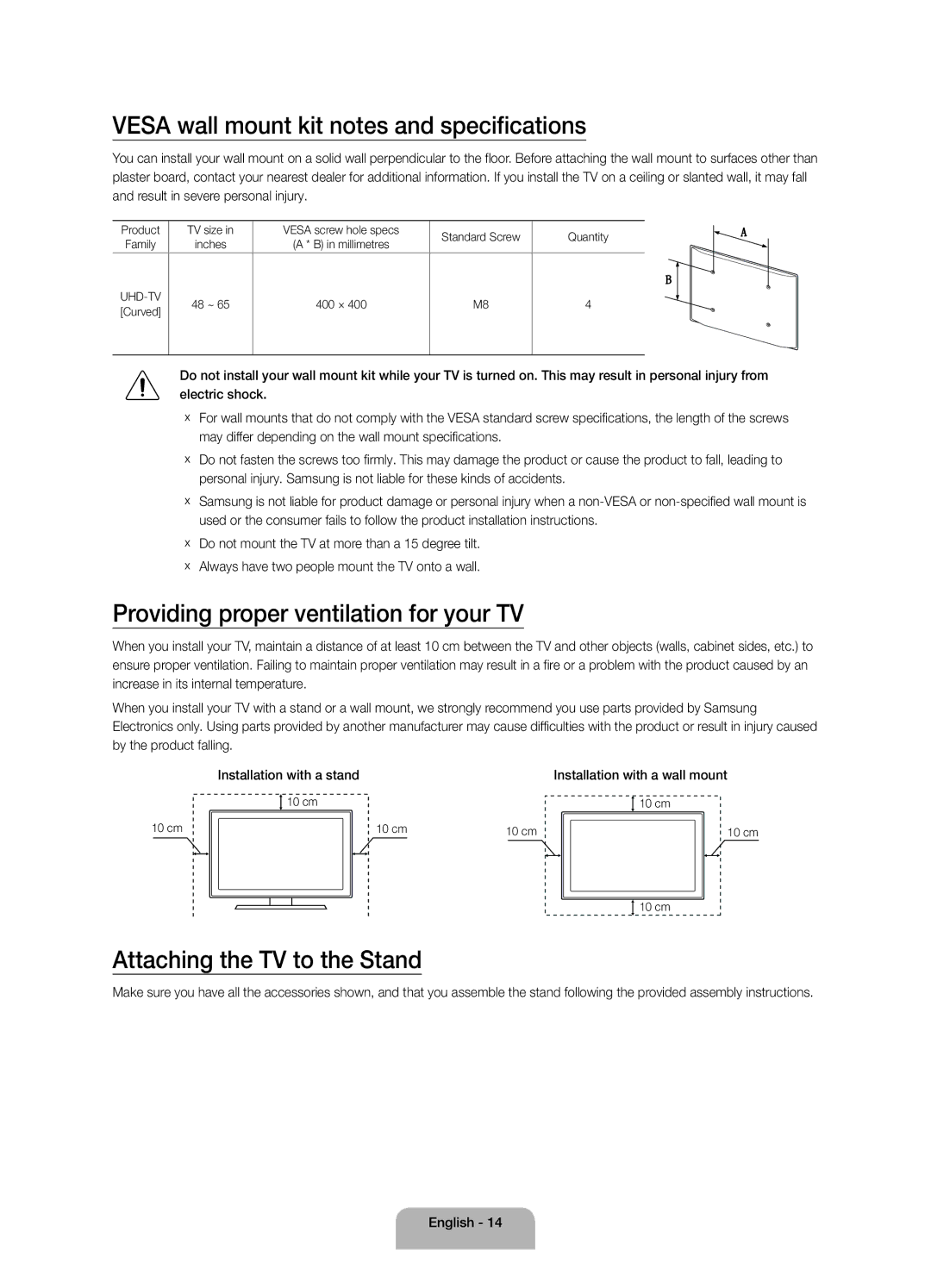 Samsung UA55JS9000KXXV manual Vesa wall mount kit notes and specifications, Providing proper ventilation for your TV 