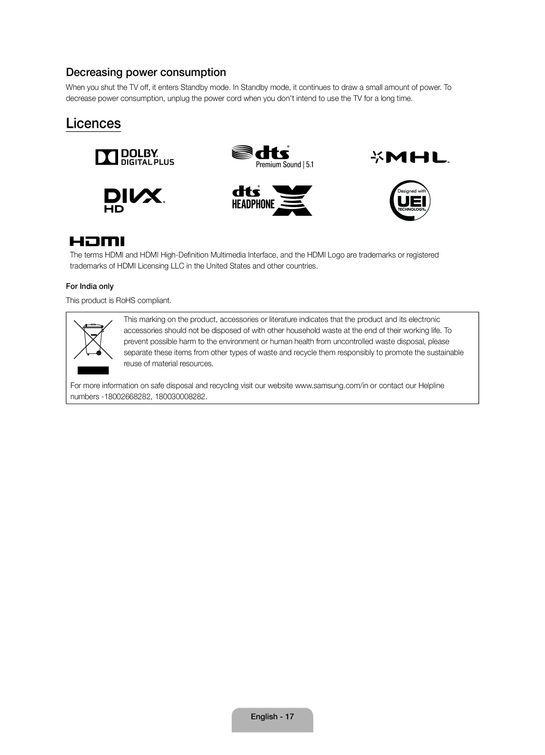 Samsung UA65JS9000KXSQ, UA65JS9000KXSK, UA65JS9000KXZN, UA55JS9000KXXV, UA65JS9000KXXV Licences, Decreasing power consumption 