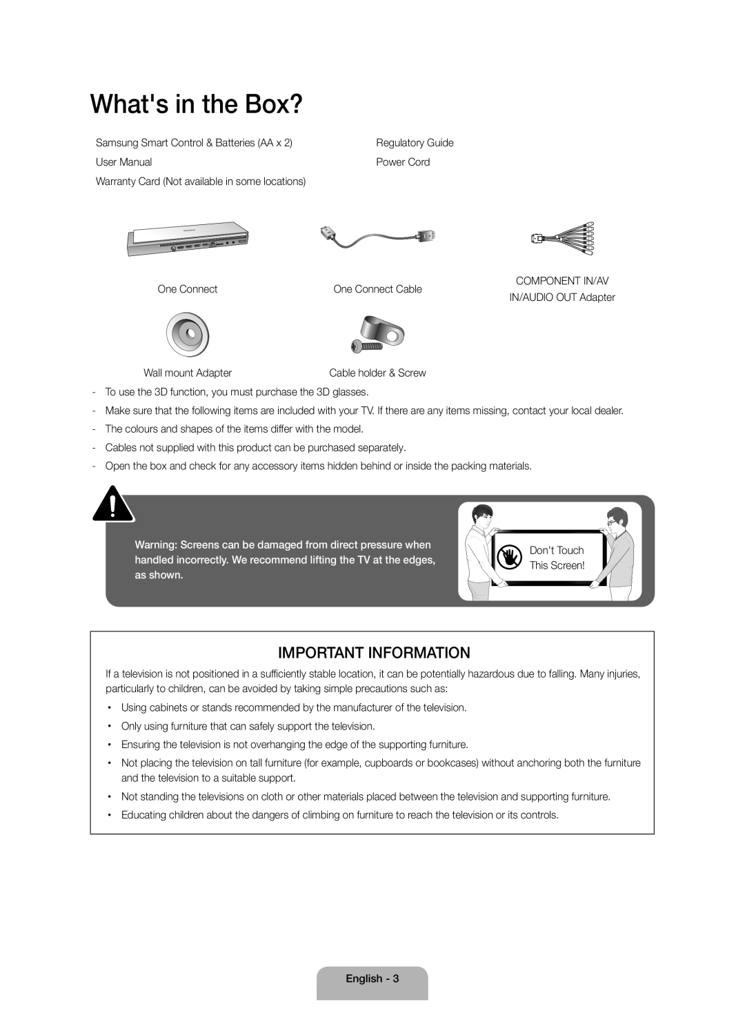 Samsung UA65JS9000KXXV, UA65JS9000KXSK, UA65JS9000KXZN, UA55JS9000KXXV manual Whats in the Box?, Important Information 