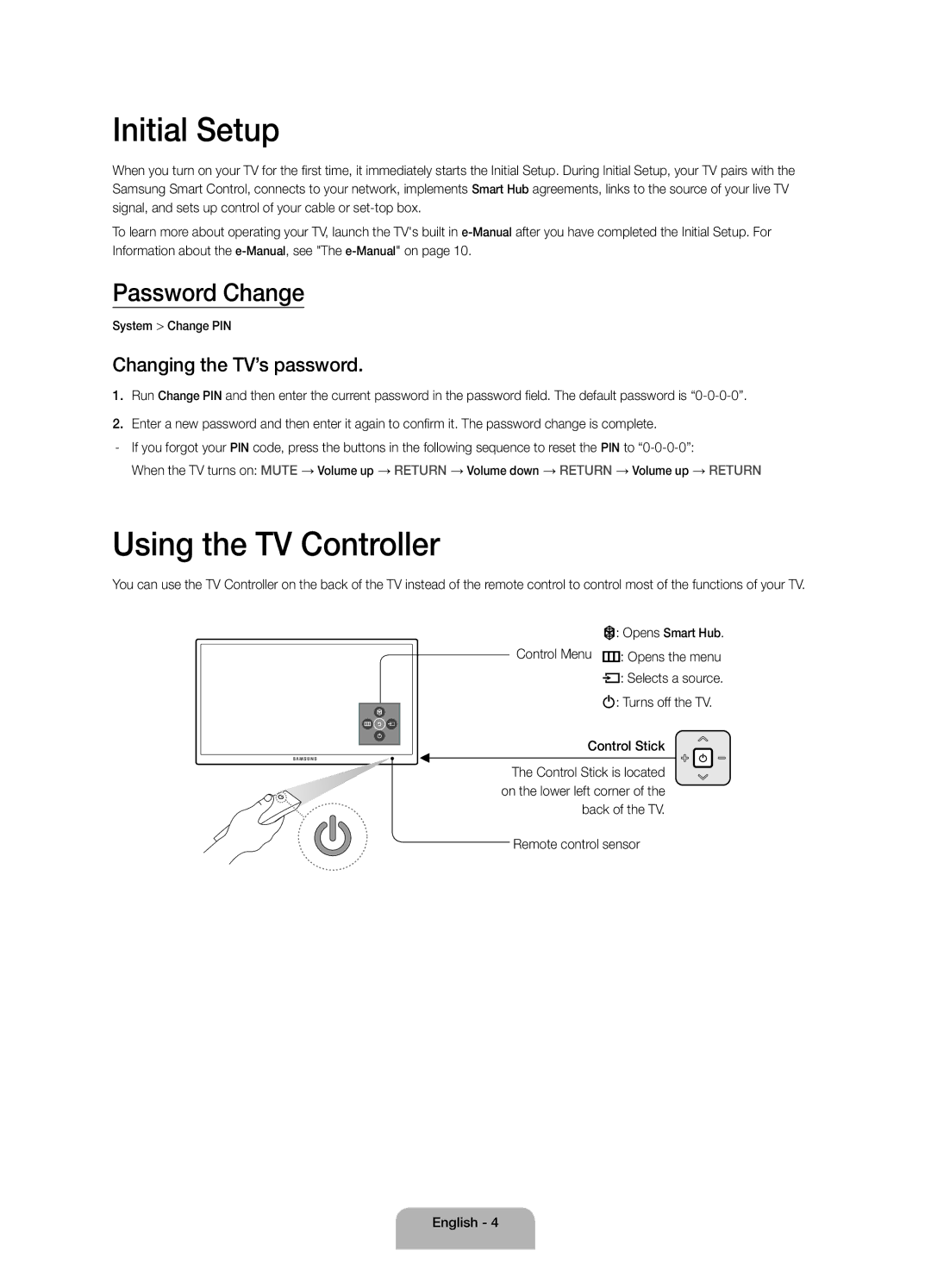 Samsung UA55JS9000KXSQ, UA65JS9000KXSK Initial Setup, Using the TV Controller, Password Change, Changing the TV’s password 