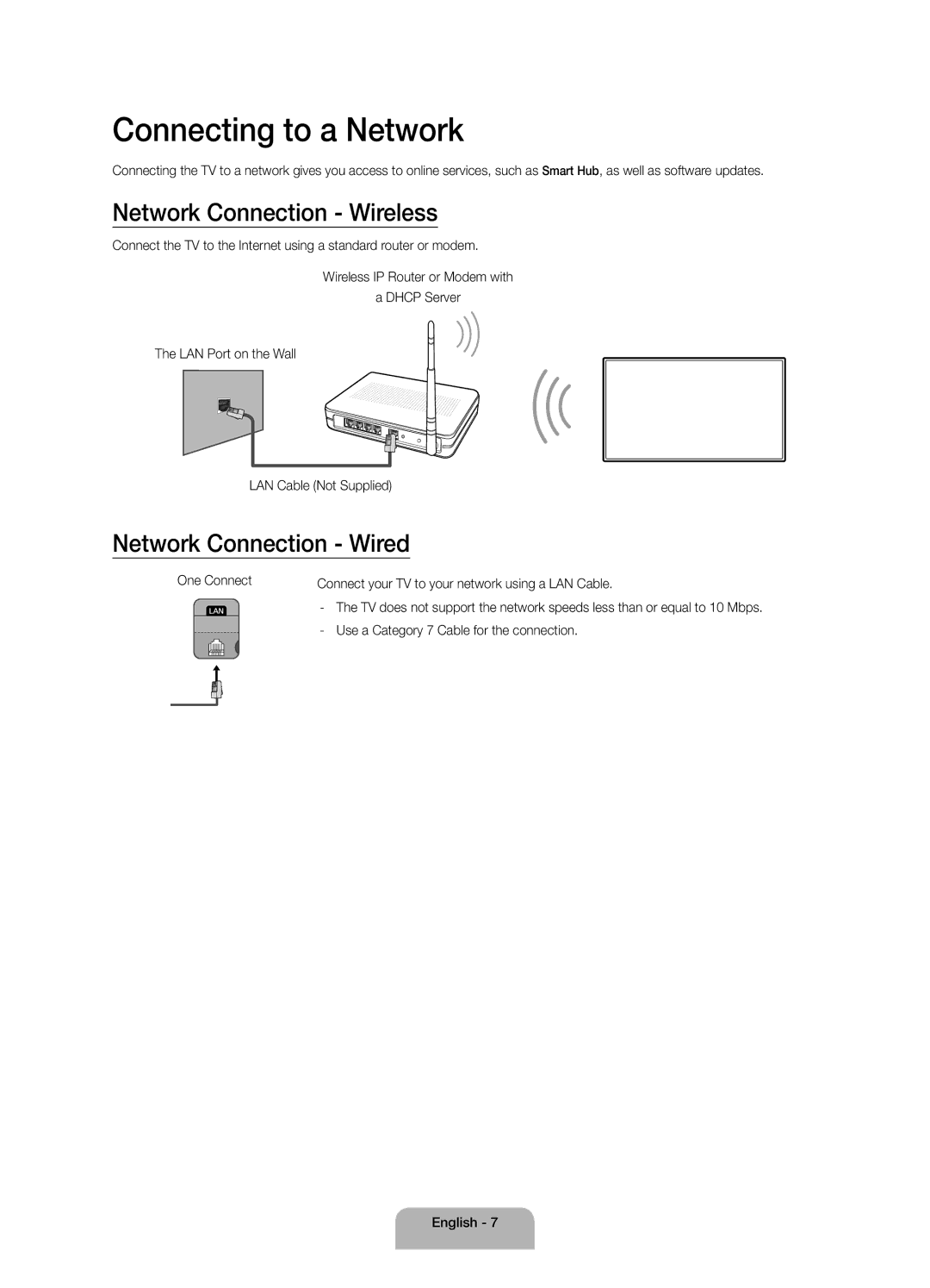 Samsung UA65JS9000KXZN, UA65JS9000KXSK manual Connecting to a Network, Network Connection Wireless, Network Connection Wired 