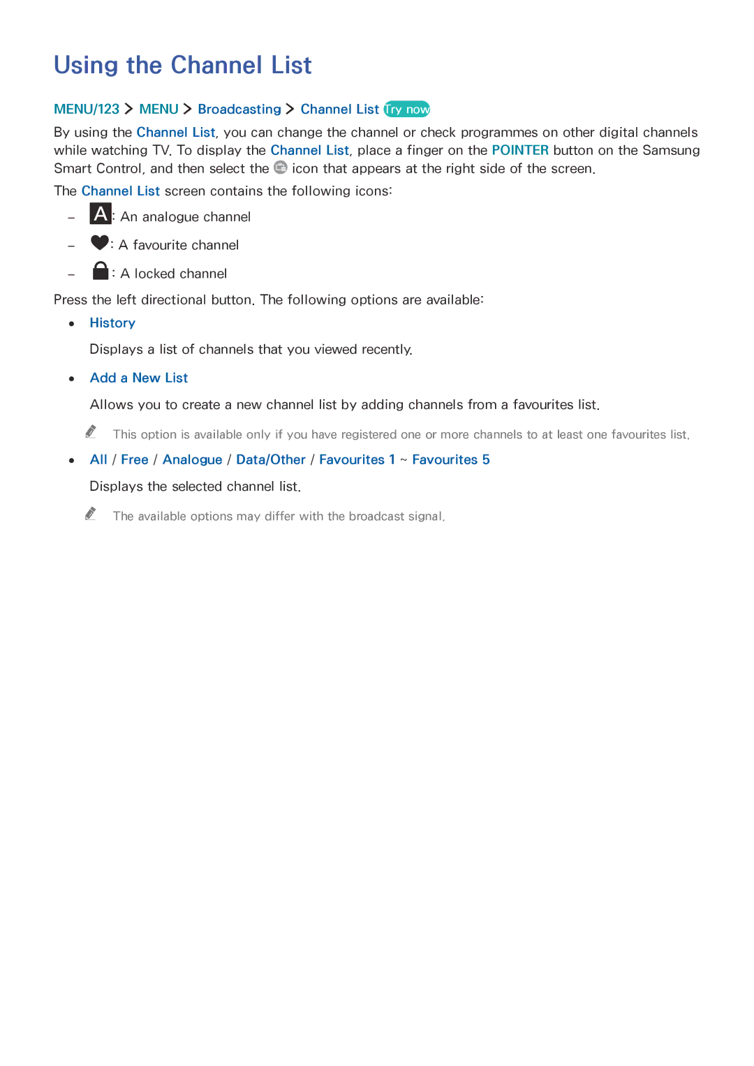 Samsung UA78JS9500KXXV Using the Channel List, MENU/123 Menu Broadcasting Channel List Try now, History, Add a New List 