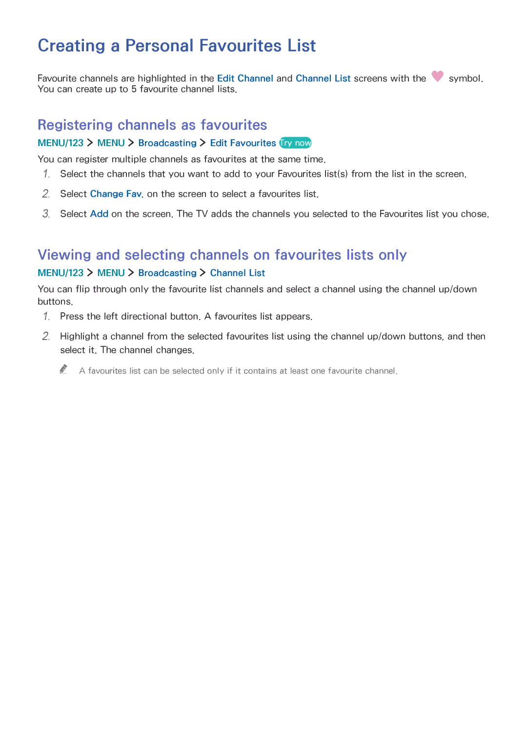 Samsung UA78JS9500KXSQ, UA65JS9000KXSK manual Creating a Personal Favourites List, Registering channels as favourites 