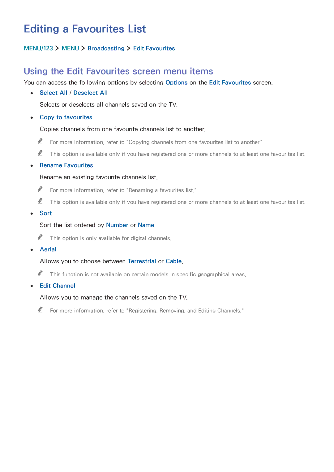 Samsung UA65JS9000KXSK, UA65JS9000KXZN manual Editing a Favourites List, Using the Edit Favourites screen menu items 