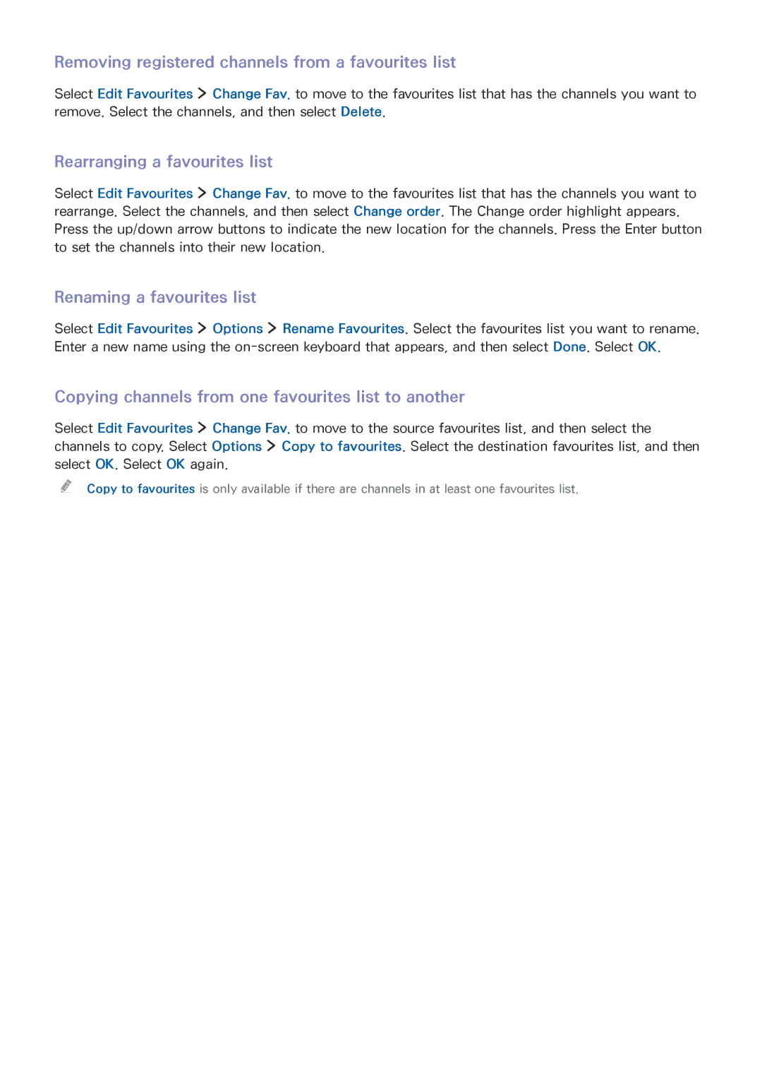 Samsung UA65JS9000KXZN, UA65JS9000KXSK Removing registered channels from a favourites list, Rearranging a favourites list 