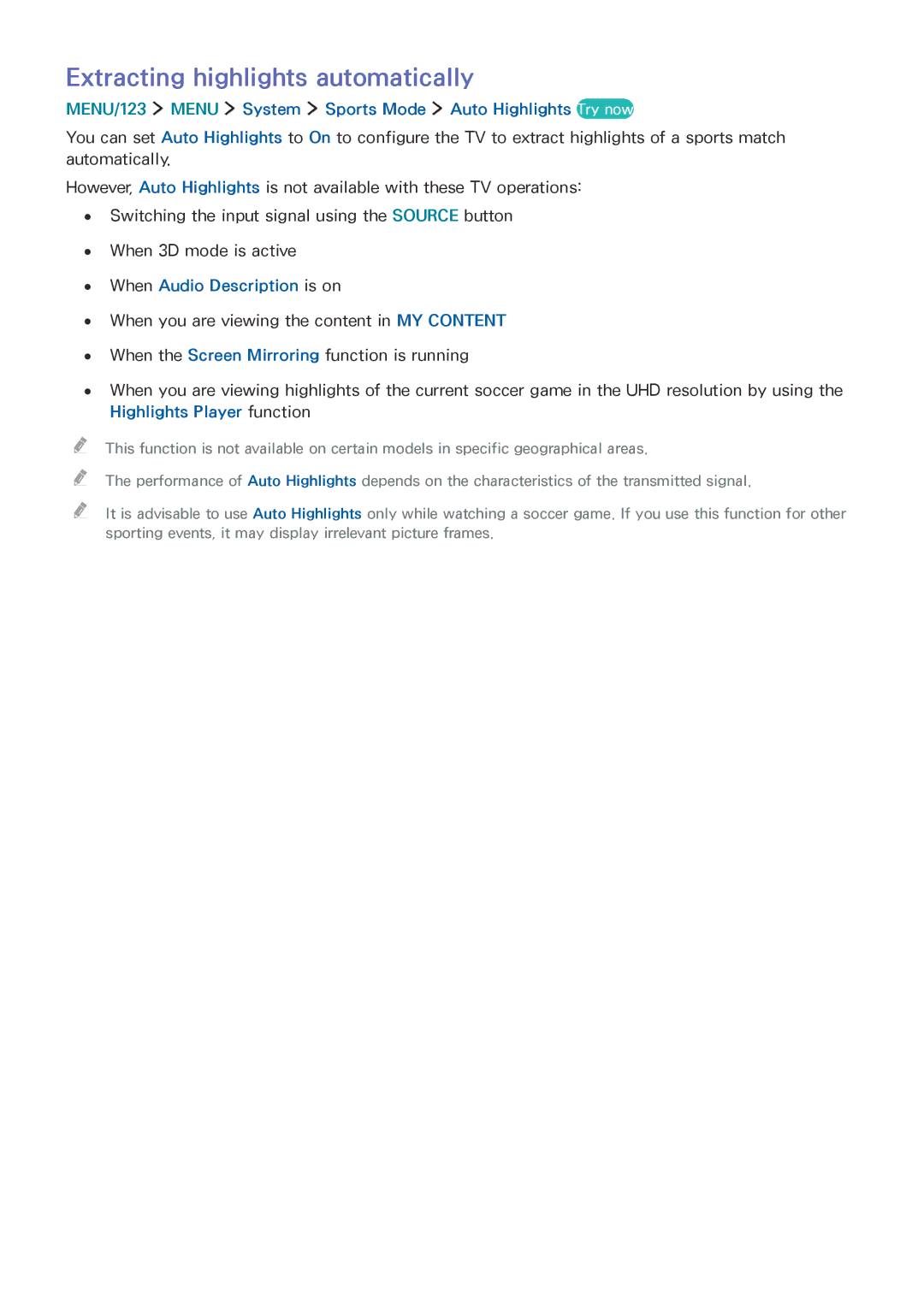 Samsung UA65JS9500KXXV manual Extracting highlights automatically, MENU/123 Menu System Sports Mode Auto Highlights Try now 