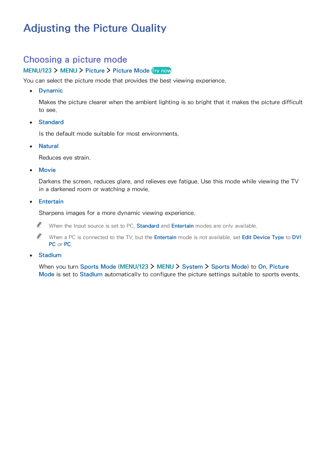 Samsung UA65JS9500KXXV, UA65JS9000KXSK, UA65JS9000KXZN manual Adjusting the Picture Quality, Choosing a picture mode 