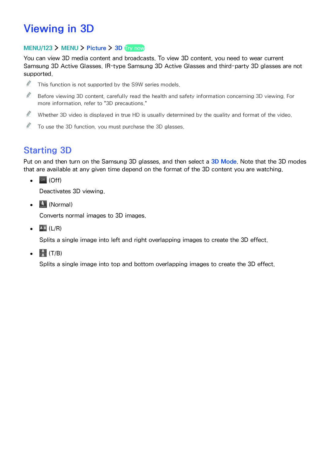 Samsung UA78JS9500KXSQ, UA65JS9000KXSK, UA65JS9000KXZN, UA88JS9500KXXV, UA65JS9500KXXV manual Viewing in 3D, Starting 3D 