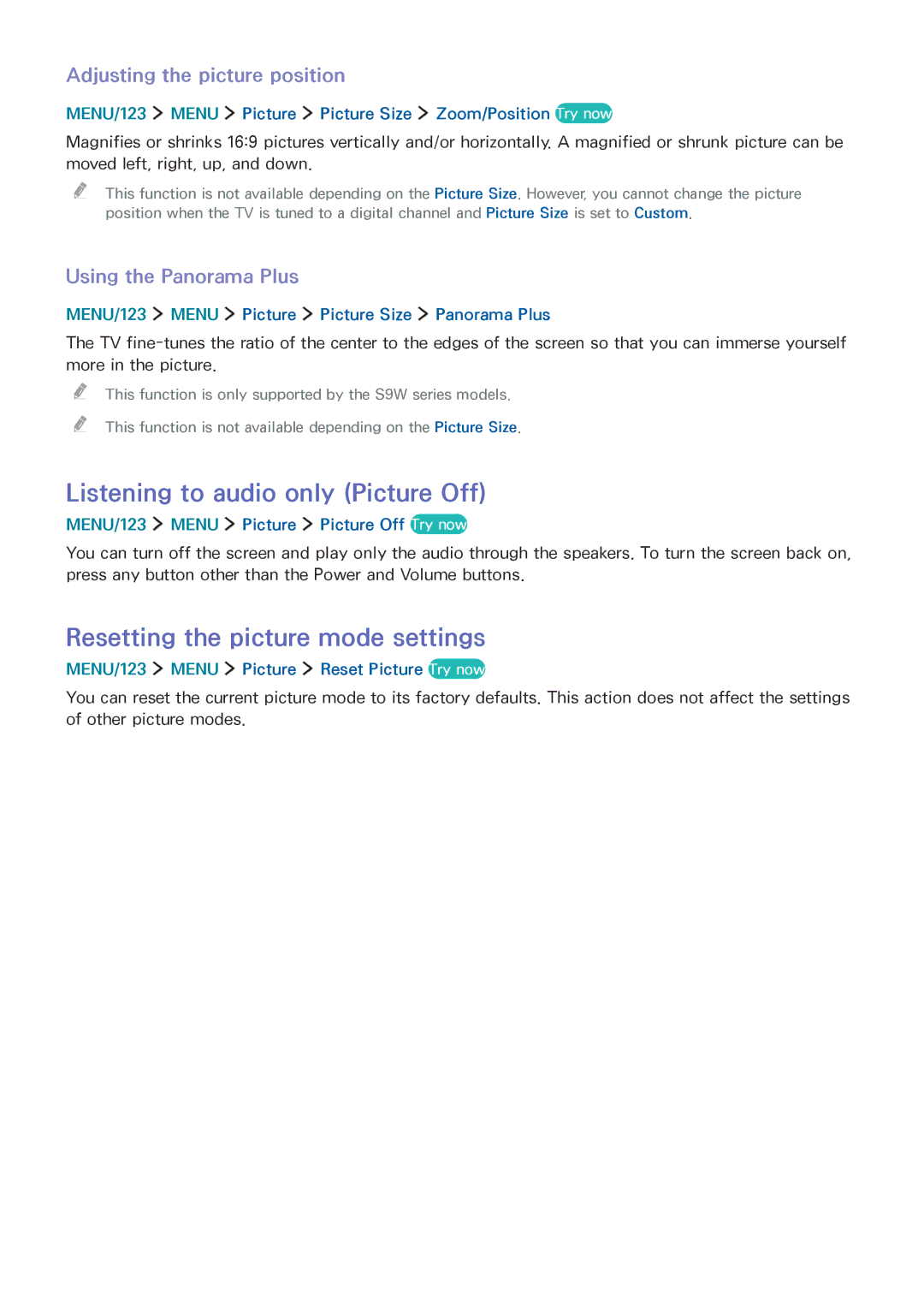 Samsung UA78JS9500KXXV Listening to audio only Picture Off, Resetting the picture mode settings, Using the Panorama Plus 