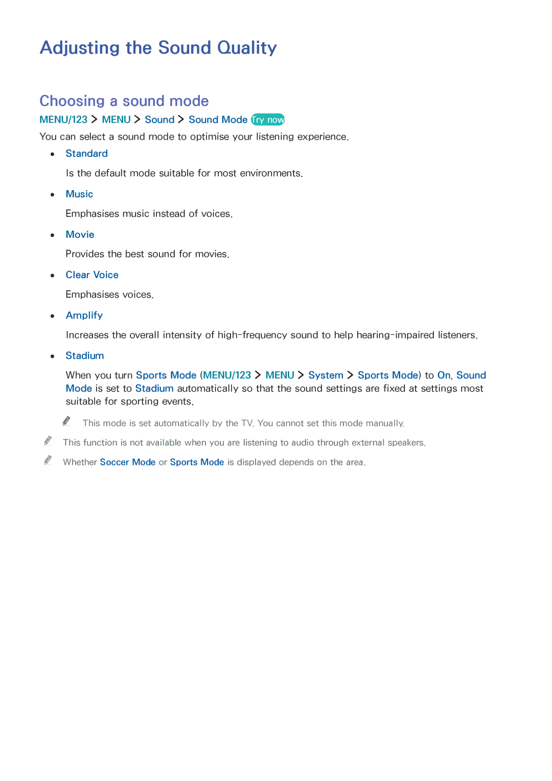 Samsung UA65JS9000KXXV, UA65JS9000KXSK, UA65JS9000KXZN, UA88JS9500KXXV Adjusting the Sound Quality, Choosing a sound mode 