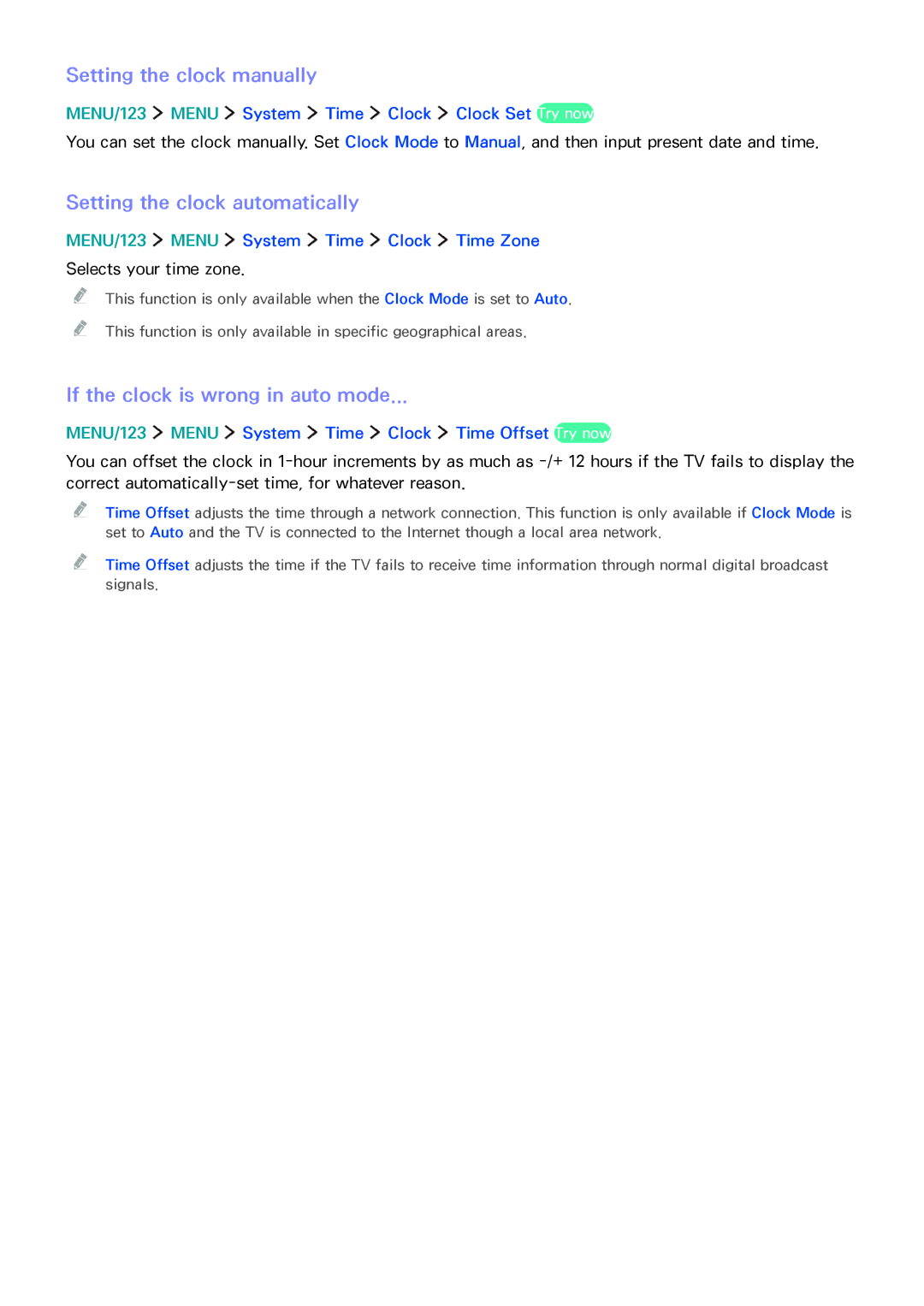 Samsung UA65JS9000KXXV Setting the clock manually, Setting the clock automatically, If the clock is wrong in auto mode 