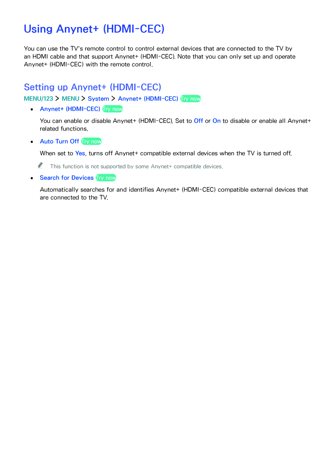 Samsung UA65JS9000KXZN Using Anynet+ HDMI-CEC, Setting up Anynet+ HDMI-CEC, MENU/123 Menu System Anynet+ HDMI-CEC Try now 