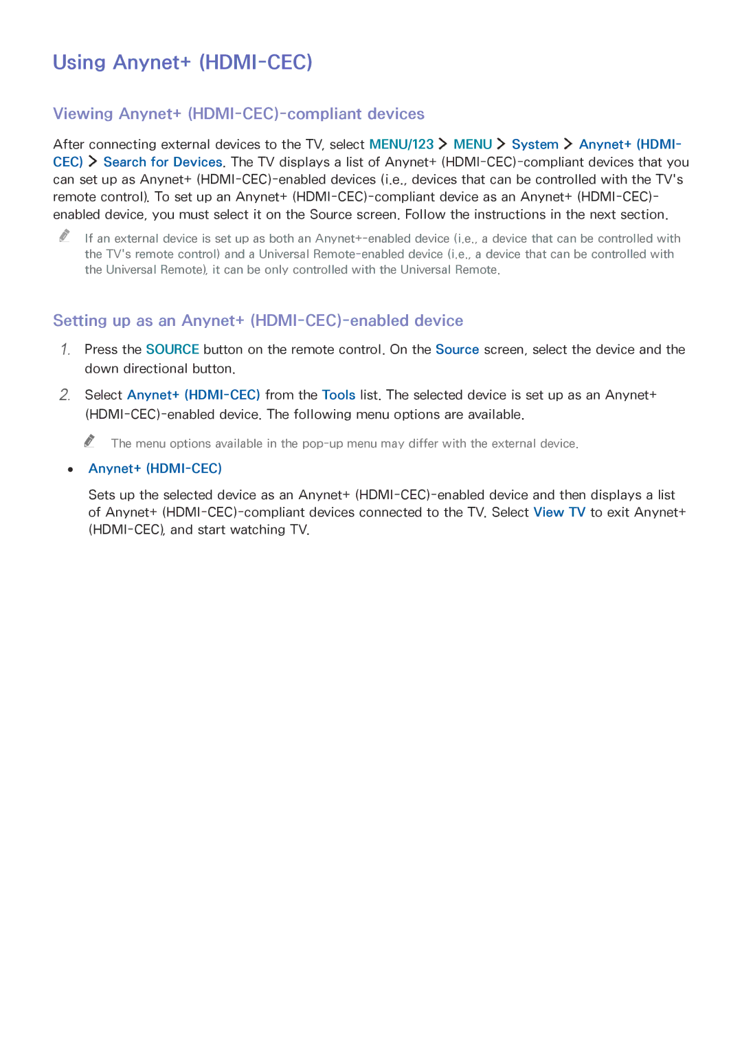 Samsung UA88JS9500KXXV, UA65JS9000KXSK, UA65JS9000KXZN Using Anynet+ HDMI-CEC, Viewing Anynet+ HDMI-CEC-compliant devices 