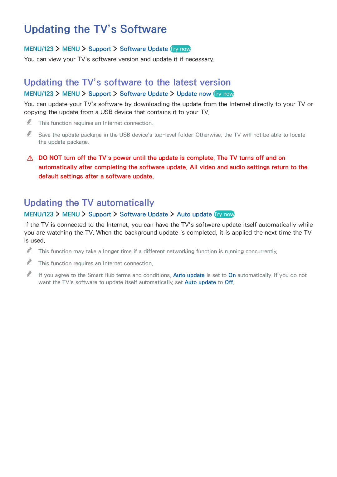 Samsung UA55JS9000KXXV, UA65JS9000KXSK manual Updating the TV’s Software, Updating the TV’s software to the latest version 