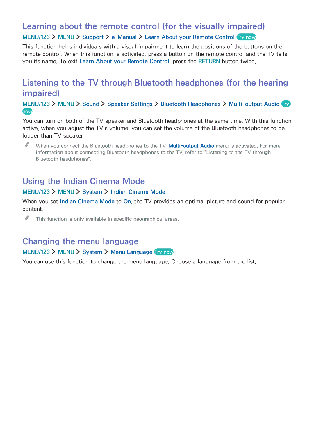 Samsung UA78JS9500KXSQ manual Learning about the remote control for the visually impaired, Using the Indian Cinema Mode 