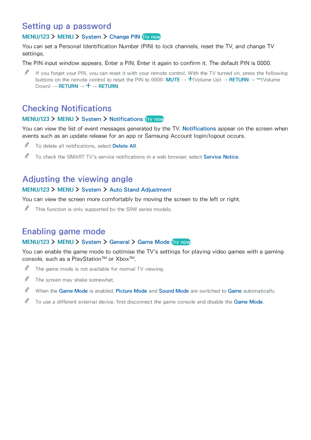 Samsung UA65JS9000KXSK Setting up a password, Checking Notifications, Adjusting the viewing angle, Enabling game mode 