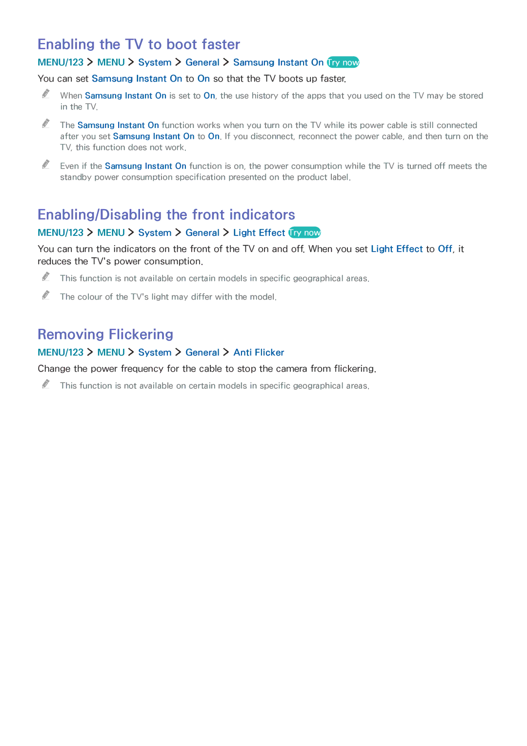 Samsung UA88JS9500KXXV manual Enabling the TV to boot faster, Enabling/Disabling the front indicators, Removing Flickering 