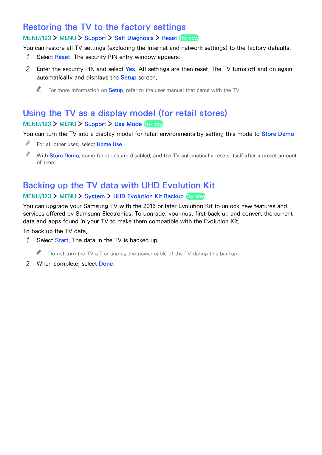 Samsung UA55JS9000KXXV manual Restoring the TV to the factory settings, Using the TV as a display model for retail stores 