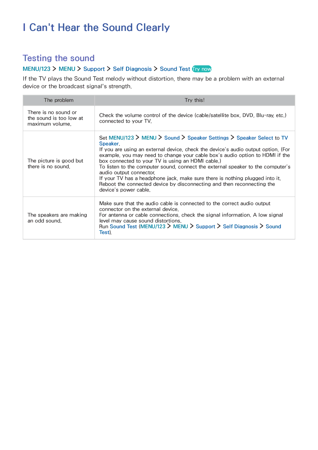 Samsung UA55JS9000KXXV, UA65JS9000KXSK, UA65JS9000KXZN, UA88JS9500KXXV manual Cant Hear the Sound Clearly, Testing the sound 