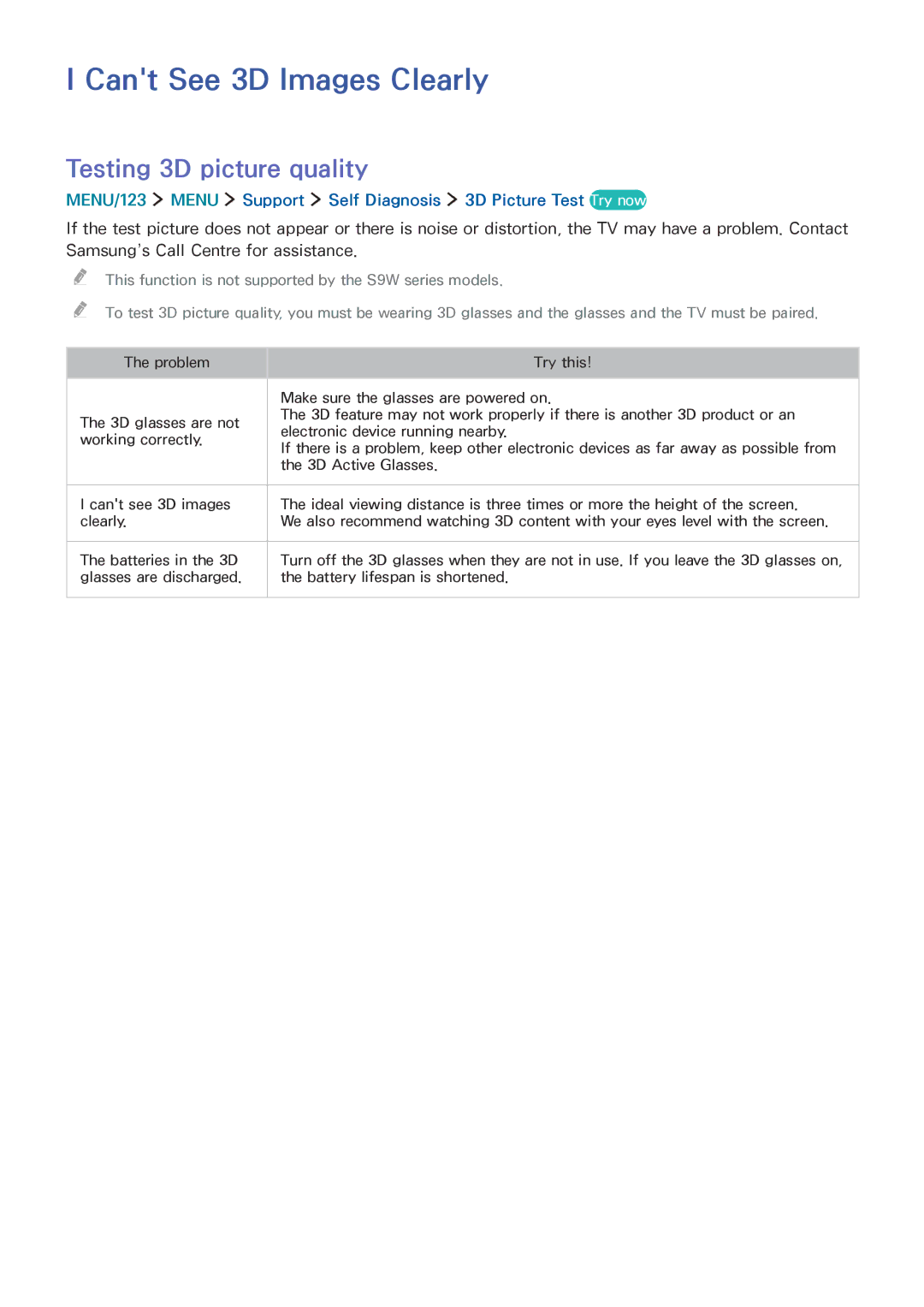 Samsung UA78JS9500KXXV, UA65JS9000KXSK, UA65JS9000KXZN manual Cant See 3D Images Clearly, Testing 3D picture quality 