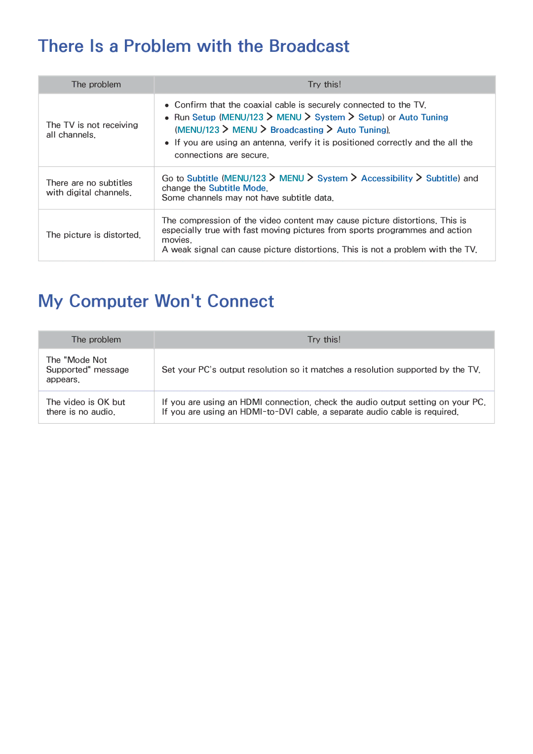 Samsung UA65JS9000KXXV, UA65JS9000KXSK, UA65JS9000KXZN manual There Is a Problem with the Broadcast, My Computer Wont Connect 