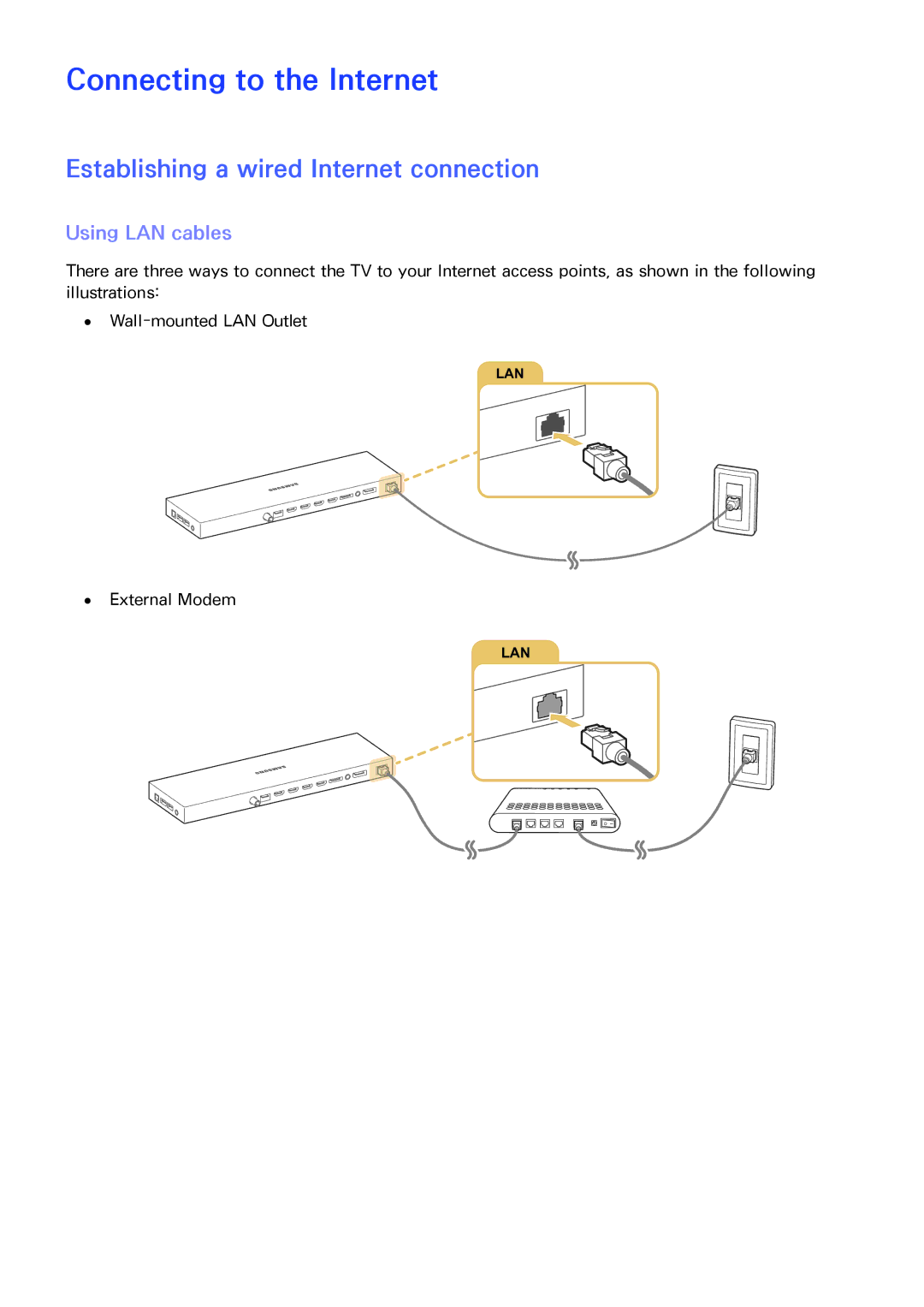 Samsung UA65JS9000KXSQ manual Connecting to the Internet, Establishing a wired Internet connection, Using LAN cables 