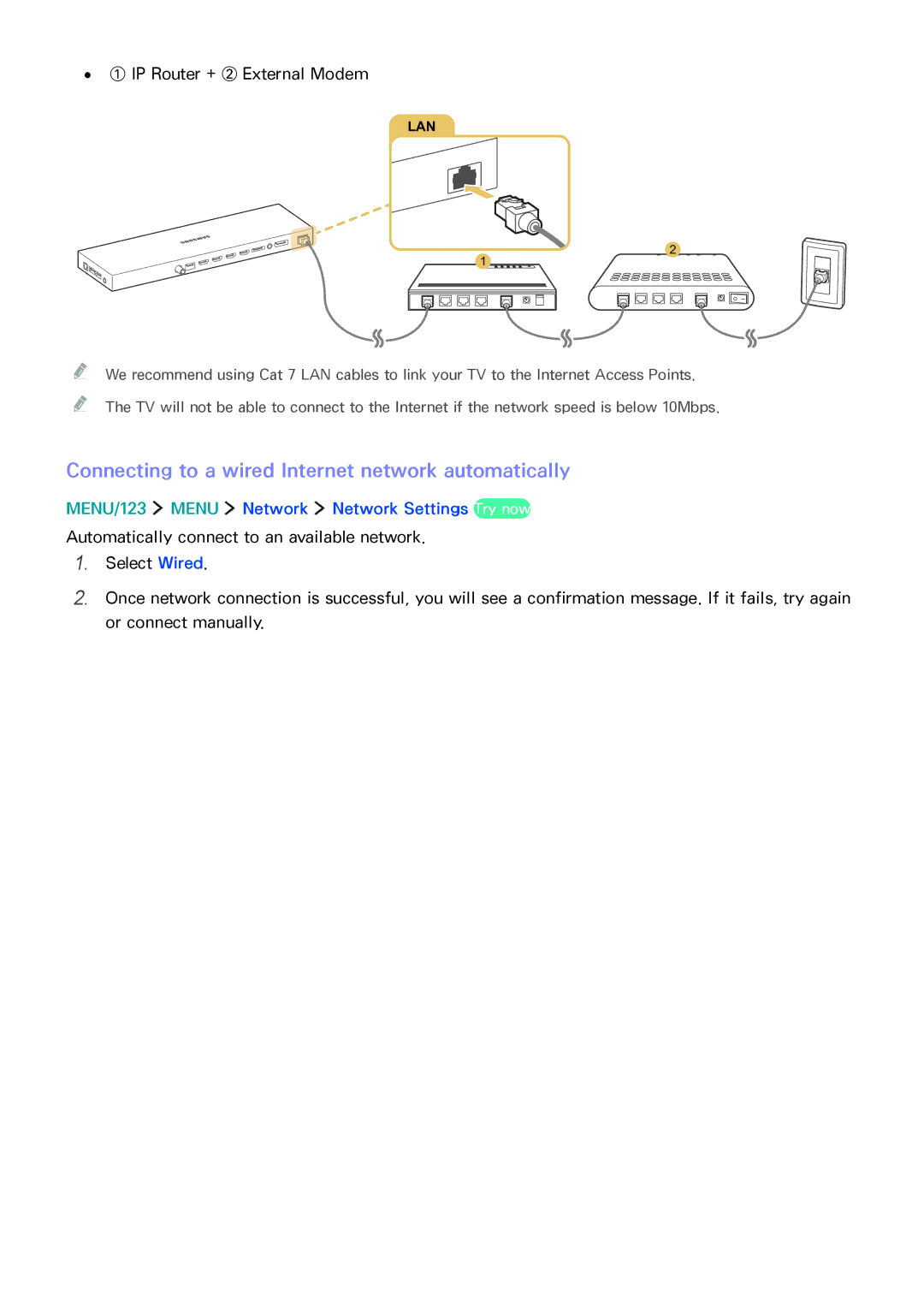 Samsung UA78JS9500KXSQ manual Connecting to a wired Internet network automatically, ① IP Router + ② External Modem 