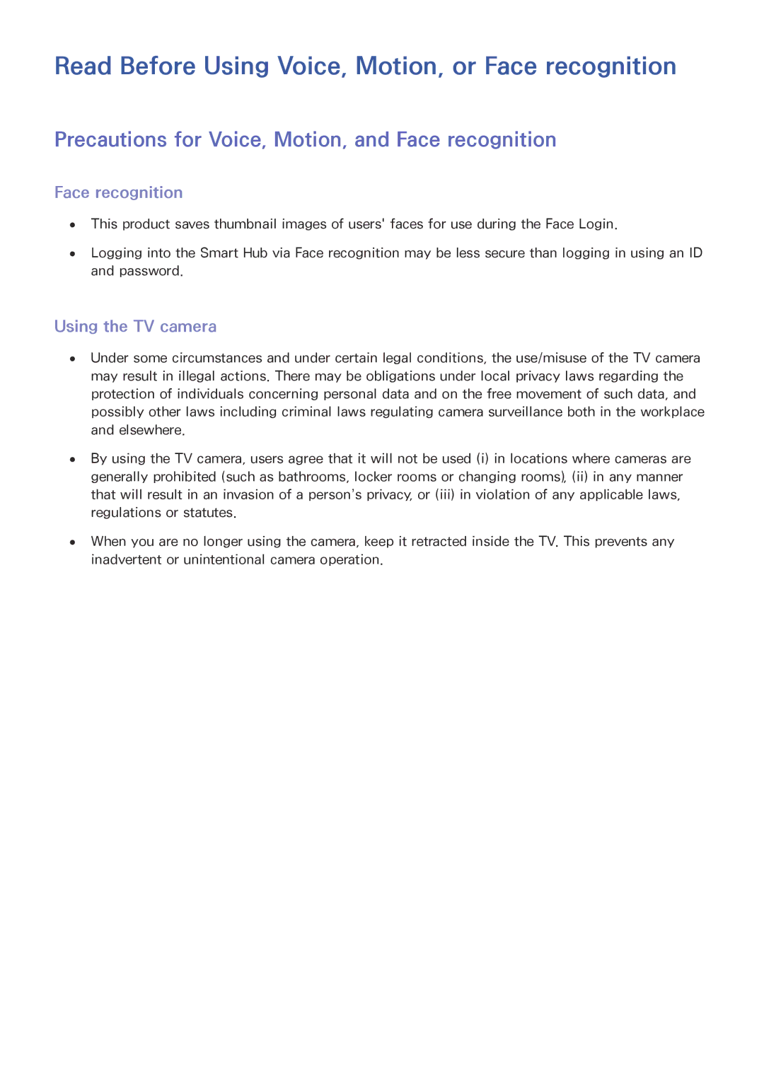 Samsung UA65JS9500KXXV, UA65JS9000KXSK manual Read Before Using Voice, Motion, or Face recognition, Using the TV camera 