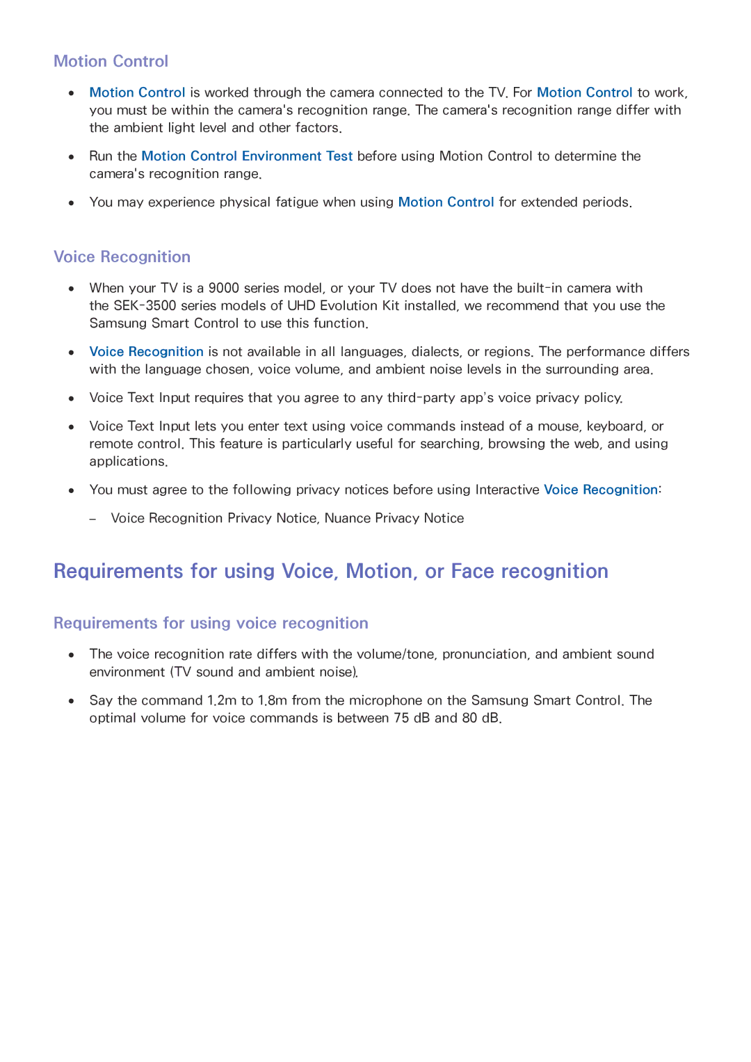 Samsung UA55JS9000KXXV manual Requirements for using Voice, Motion, or Face recognition, Motion Control, Voice Recognition 