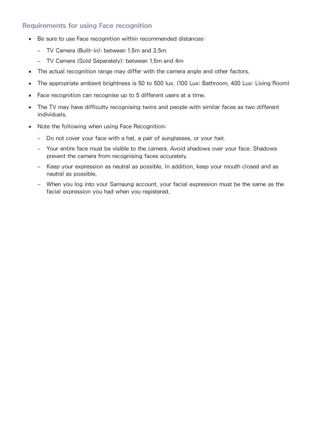 Samsung UA65JS9000KXXV, UA65JS9000KXSK, UA65JS9000KXZN, UA88JS9500KXXV manual Requirements for using Face recognition 