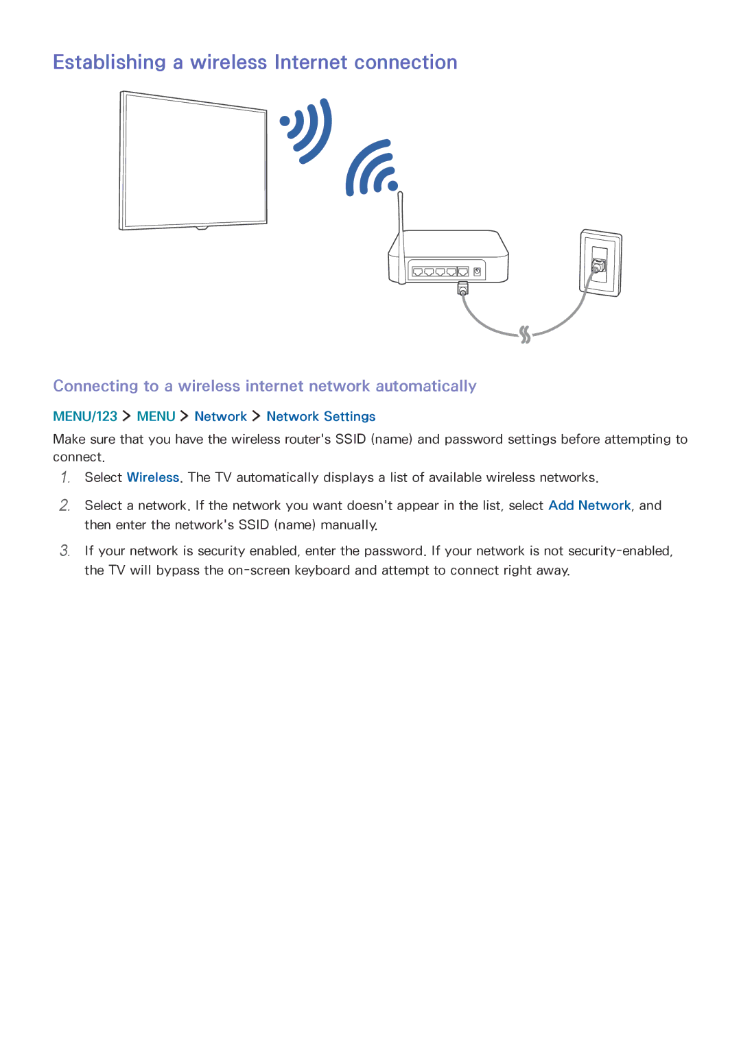 Samsung UA65JS9000KXSK, UA65JS9000KXZN, UA88JS9500KXXV, UA65JS9500KXXV manual Establishing a wireless Internet connection 